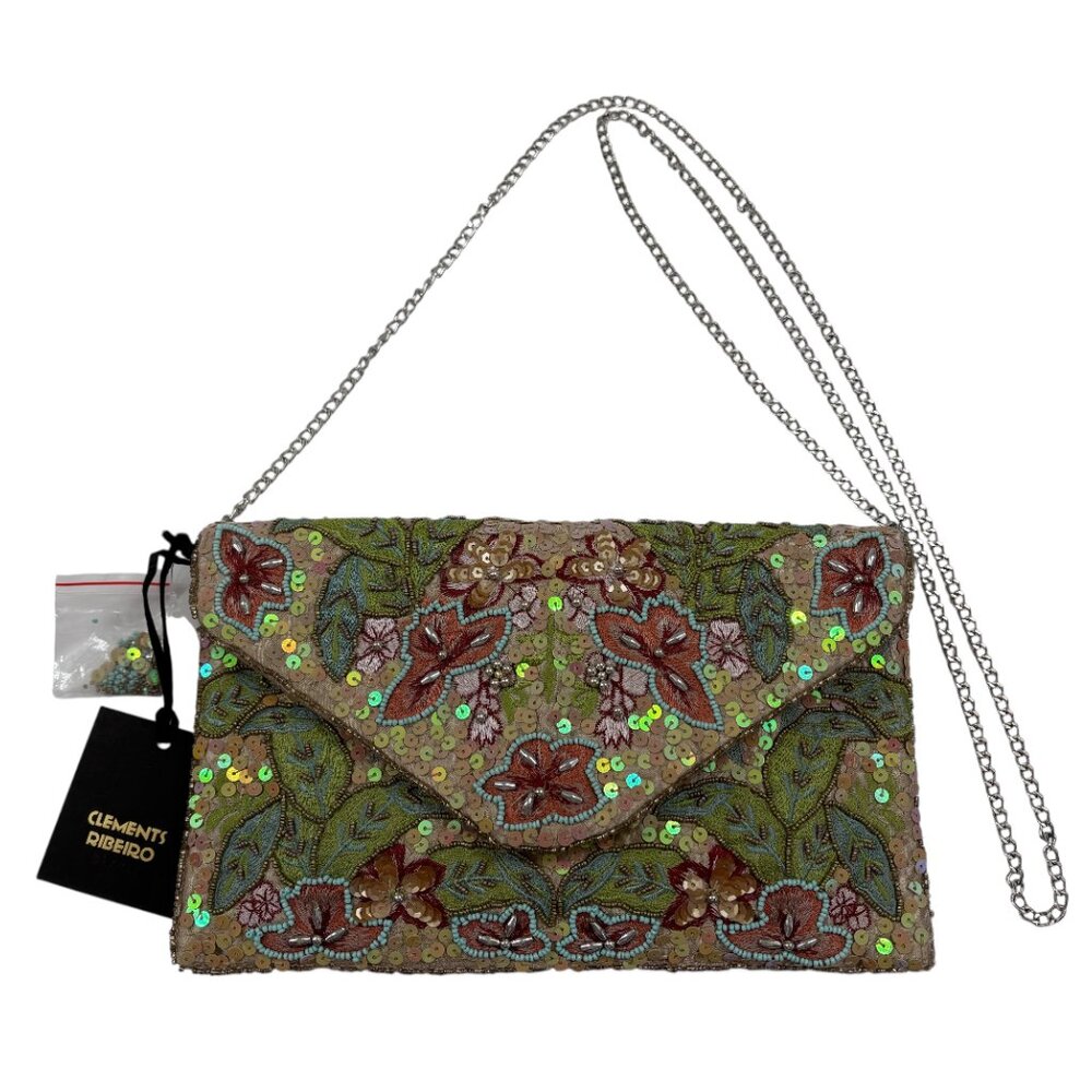 Clements Ribeiro Envelope Satin & Sequins/ Beaded Clutch/Crossbody Bag - NWT